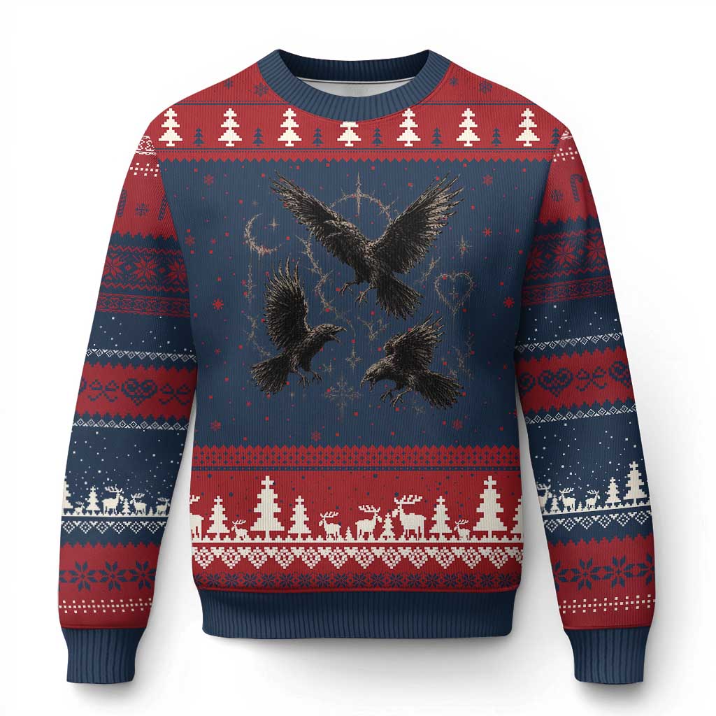 Flying Raven Crow Ugly Christmas Sweater Black Bird Gothic Occult Cyber Y2K Dark Academia Ravens Graphic