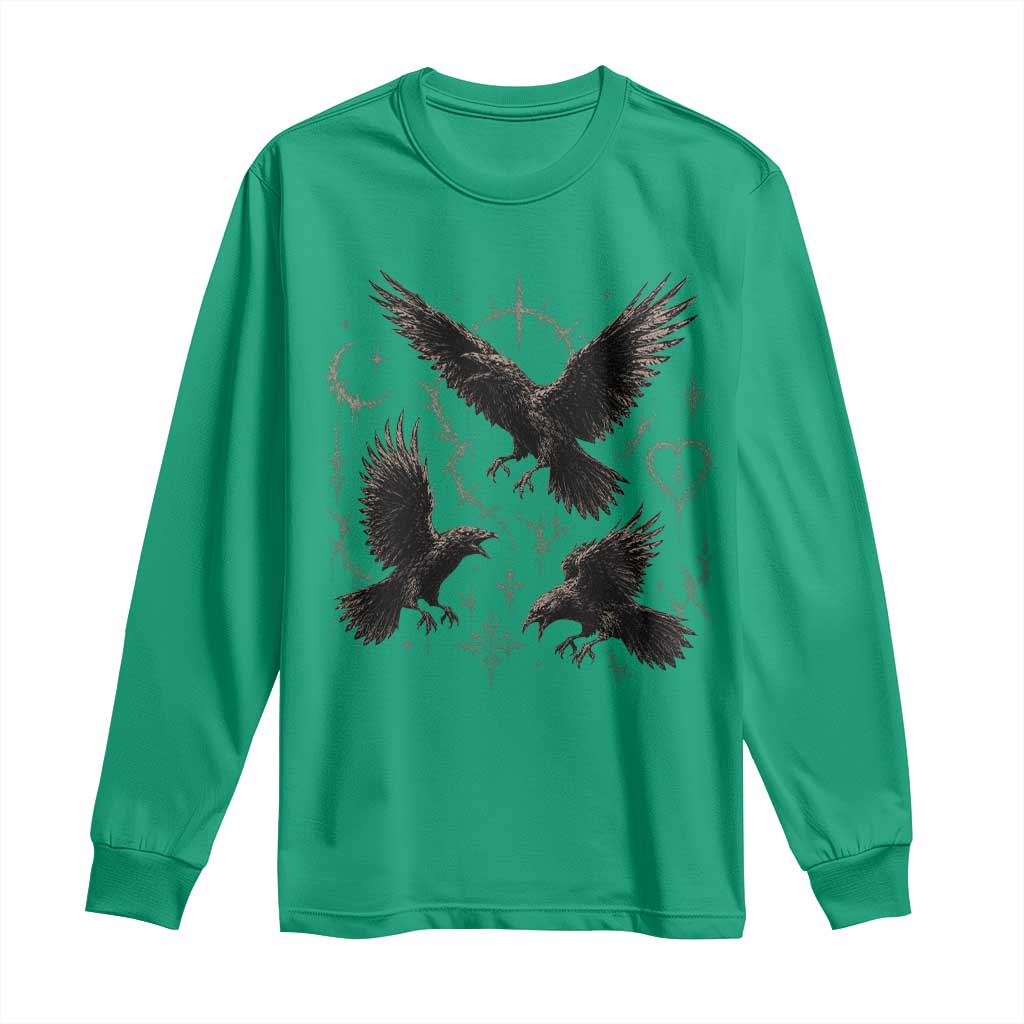 Flying Raven Crow Long Sleeve Shirt Black Bird Gothic Occult Cyber Y2K Dark Academia Ravens Graphic