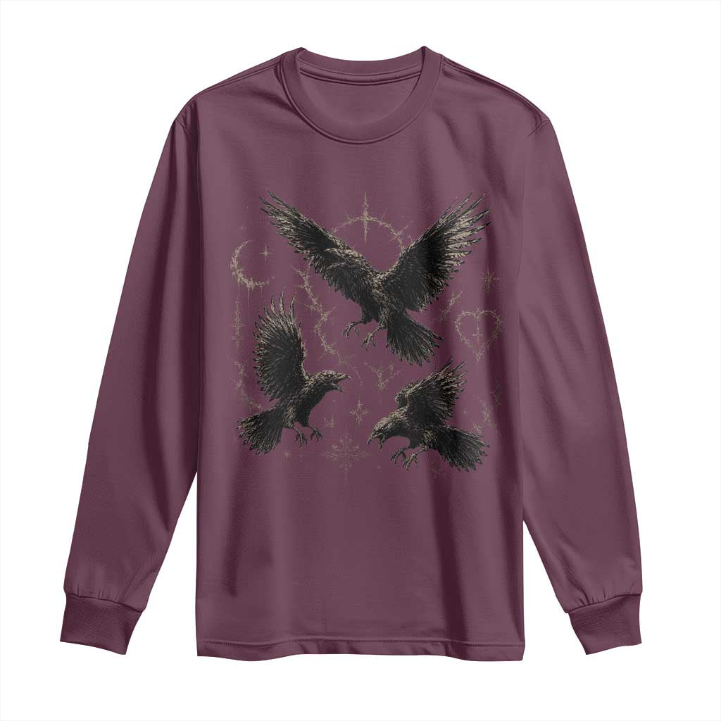 Flying Raven Crow Long Sleeve Shirt Black Bird Gothic Occult Cyber Y2K Dark Academia Ravens Graphic