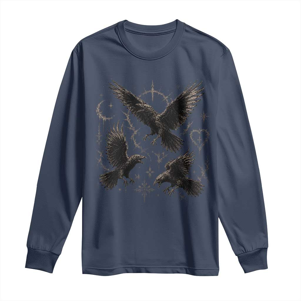 Flying Raven Crow Long Sleeve Shirt Black Bird Gothic Occult Cyber Y2K Dark Academia Ravens Graphic