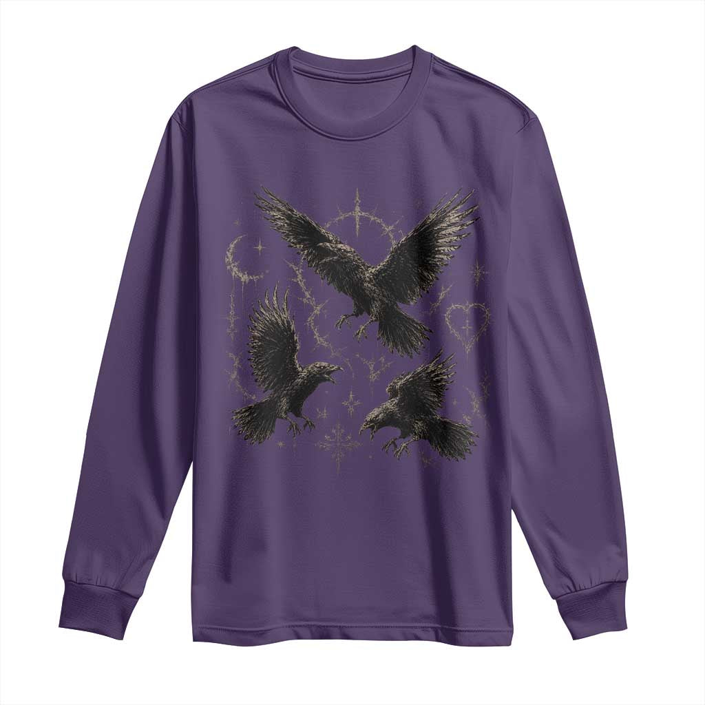 Flying Raven Crow Long Sleeve Shirt Black Bird Gothic Occult Cyber Y2K Dark Academia Ravens Graphic