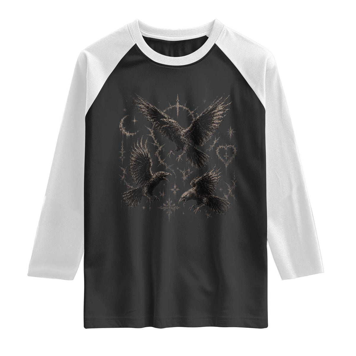 Flying Raven Crow Raglan Shirt Black Bird Gothic Occult Cyber Y2K Dark Academia Ravens Graphic