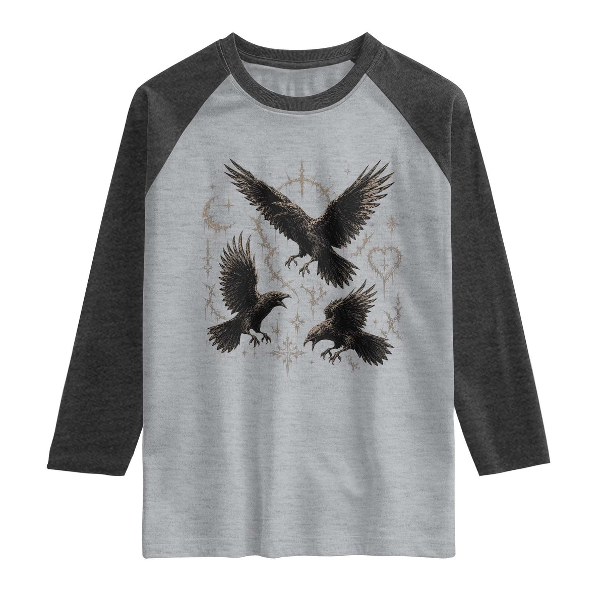 Flying Raven Crow Raglan Shirt Black Bird Gothic Occult Cyber Y2K Dark Academia Ravens Graphic