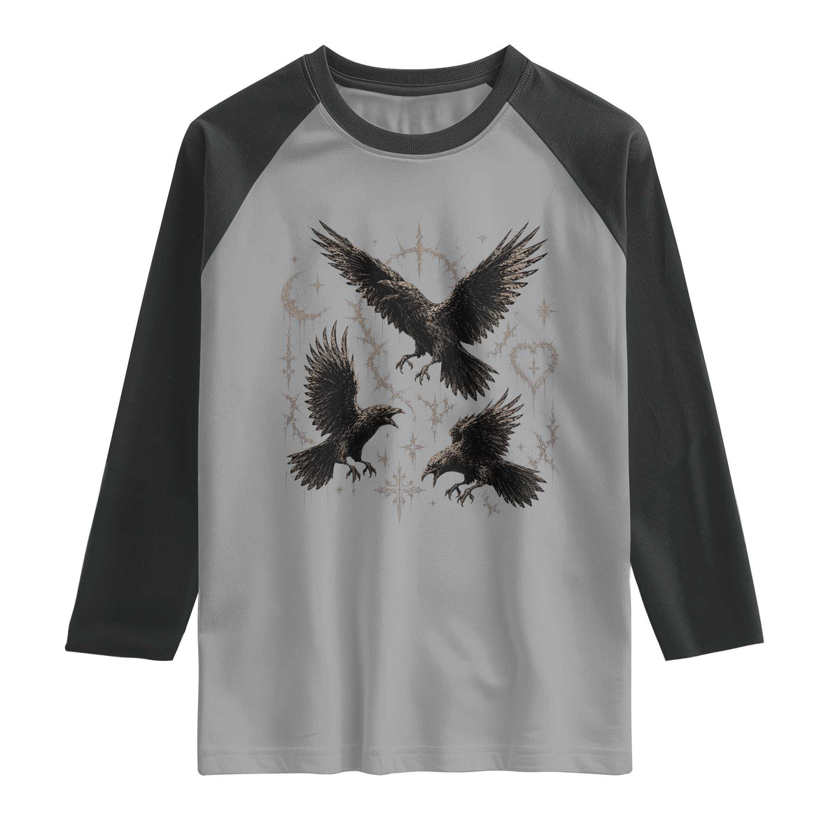 Flying Raven Crow Raglan Shirt Black Bird Gothic Occult Cyber Y2K Dark Academia Ravens Graphic