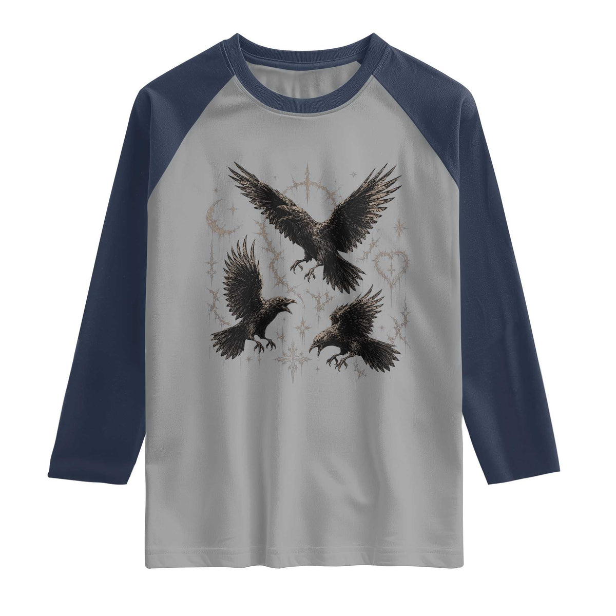 Flying Raven Crow Raglan Shirt Black Bird Gothic Occult Cyber Y2K Dark Academia Ravens Graphic