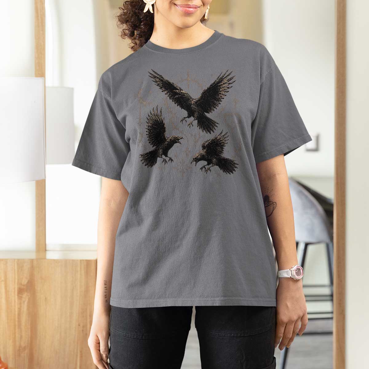 Flying Raven Crow T Shirt For Women Black Bird Gothic Occult Cyber Y2K Dark Academia Ravens Graphic