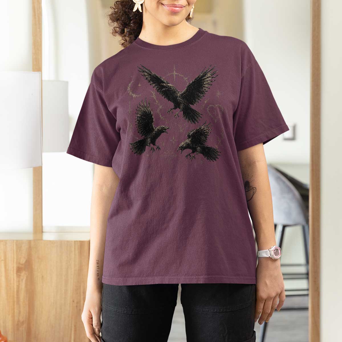 Flying Raven Crow T Shirt For Women Black Bird Gothic Occult Cyber Y2K Dark Academia Ravens Graphic