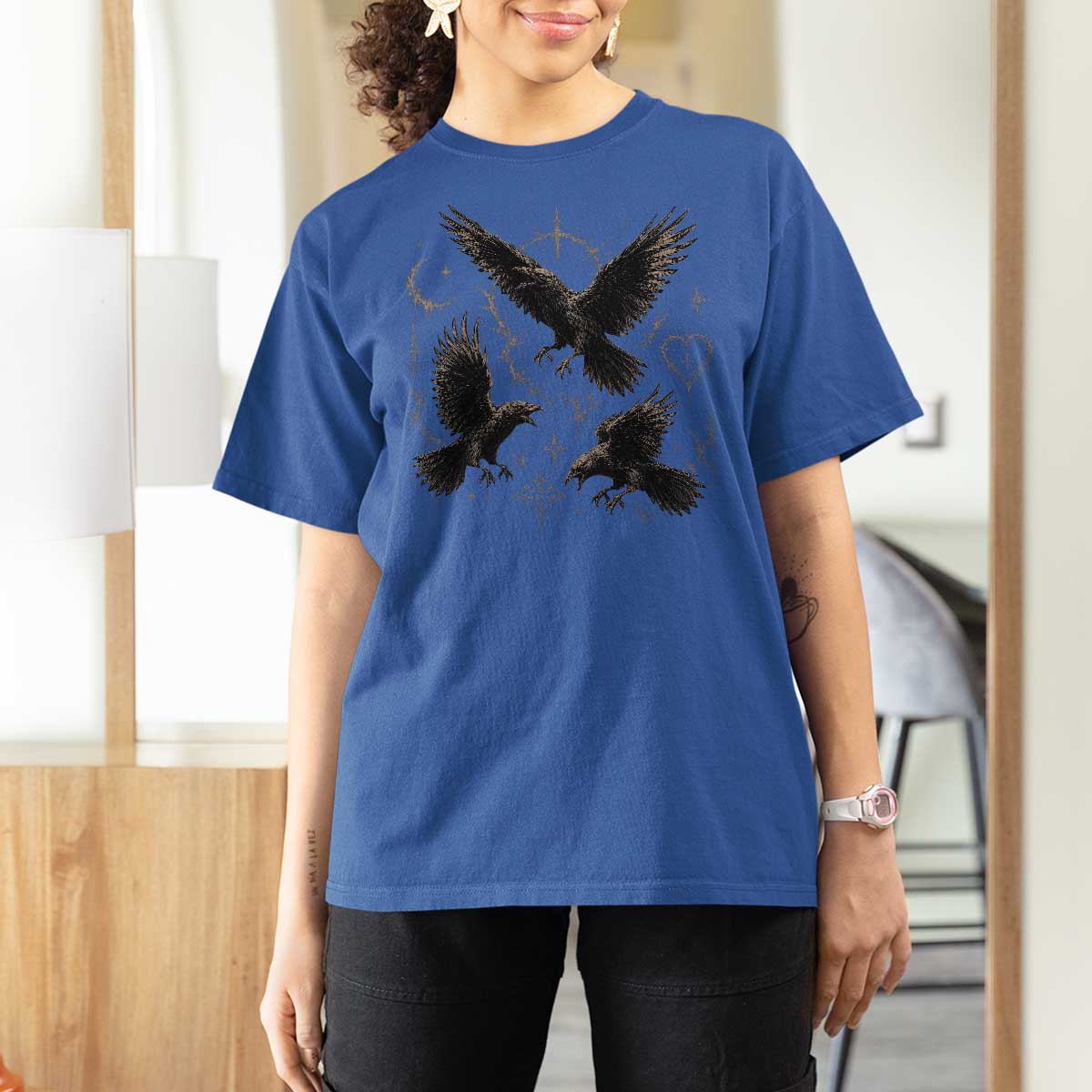 Flying Raven Crow T Shirt For Women Black Bird Gothic Occult Cyber Y2K Dark Academia Ravens Graphic