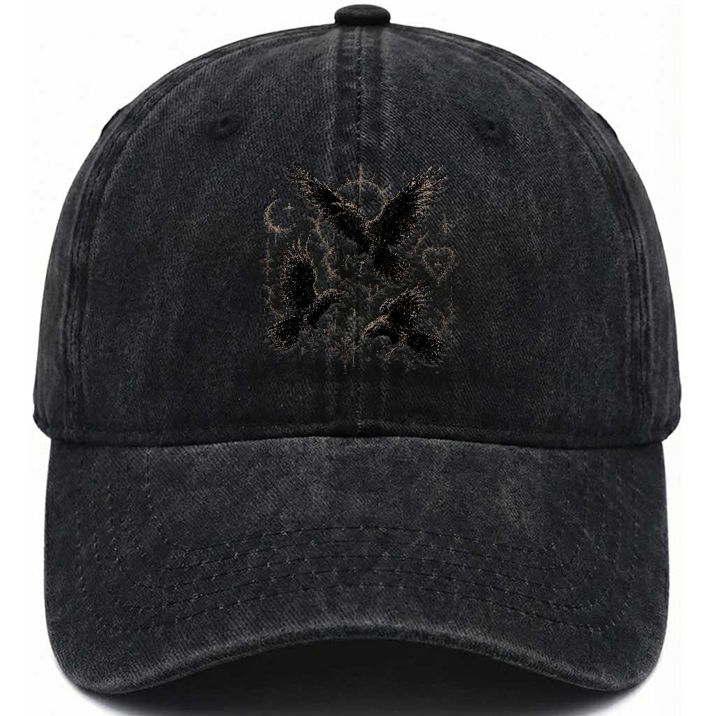Flying Raven Crow Washed Cotton Baseball Cap Black Bird Gothic Occult Cyber Y2K Dark Academia Ravens Graphic