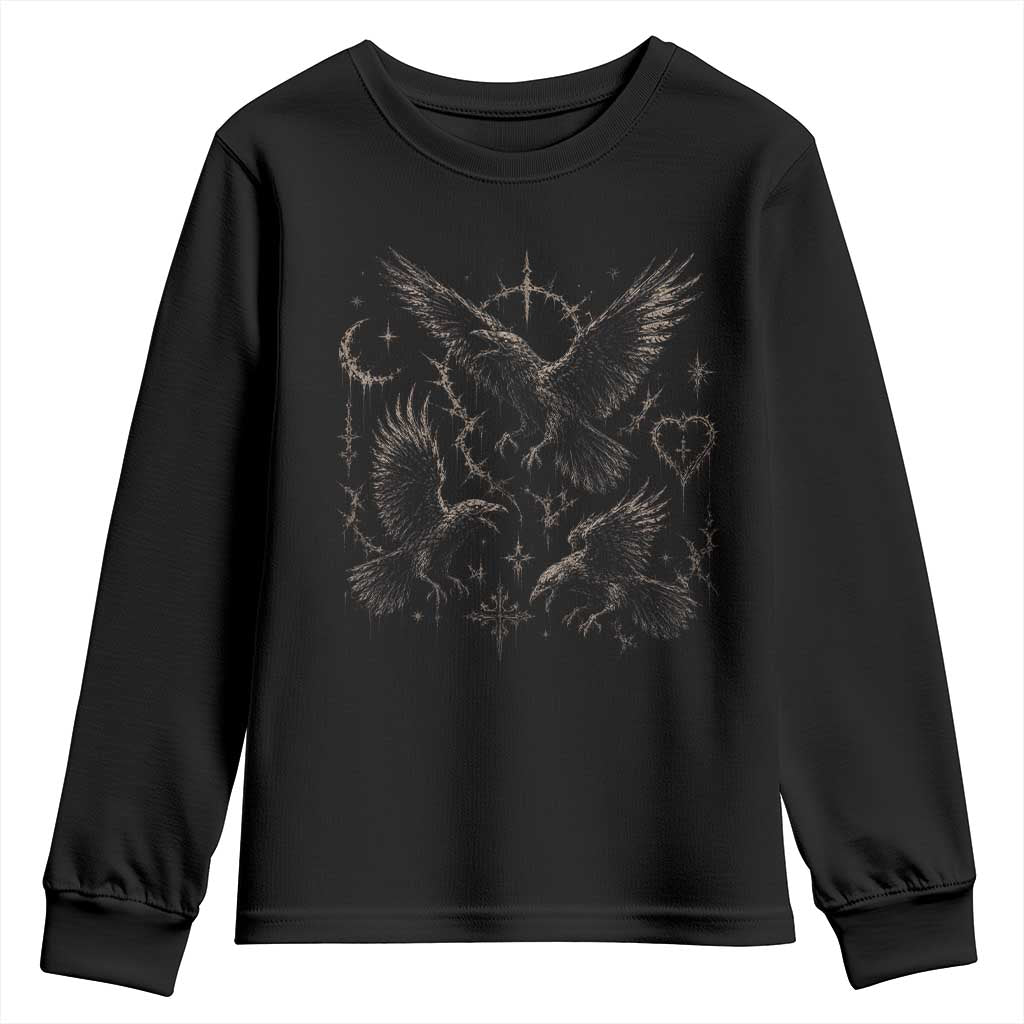Flying Raven Crow Youth Sweatshirt Black Bird Gothic Occult Cyber Y2K Dark Academia Ravens Graphic