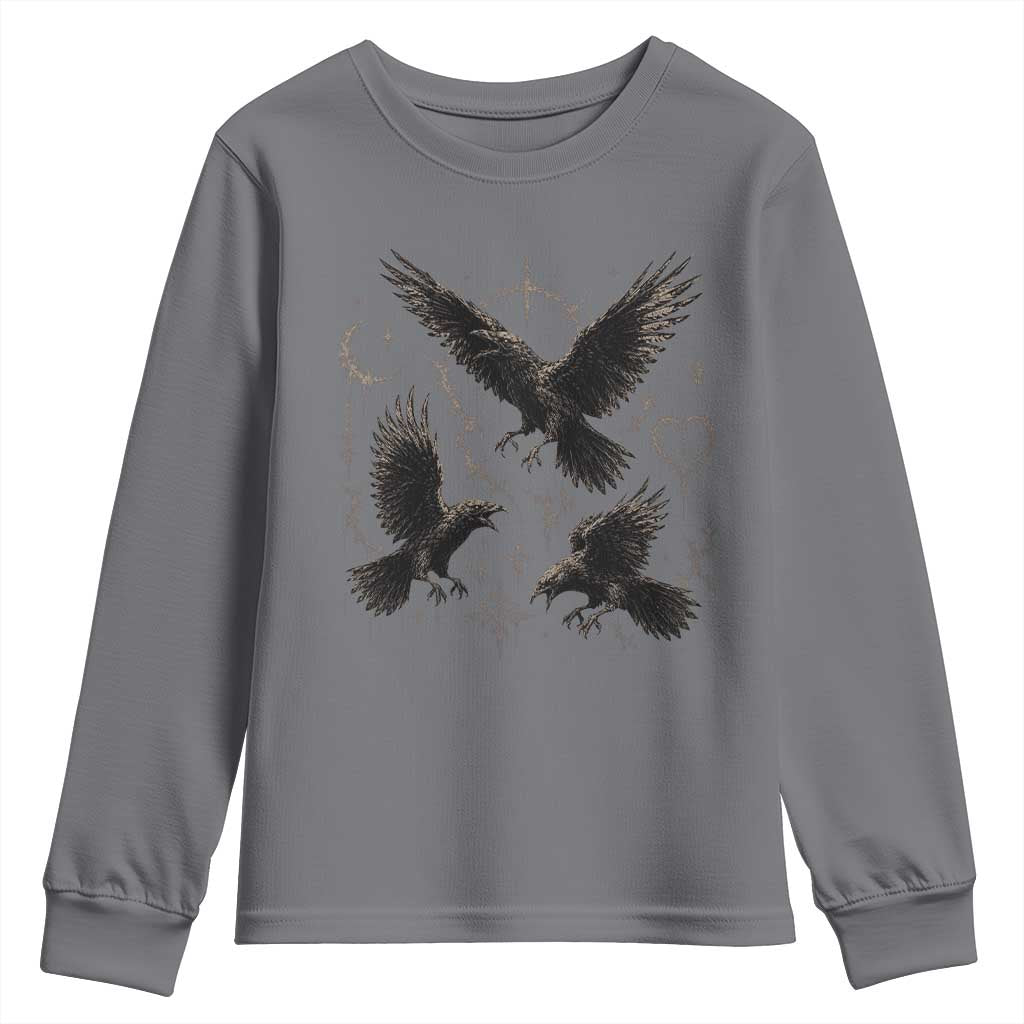 Flying Raven Crow Youth Sweatshirt Black Bird Gothic Occult Cyber Y2K Dark Academia Ravens Graphic