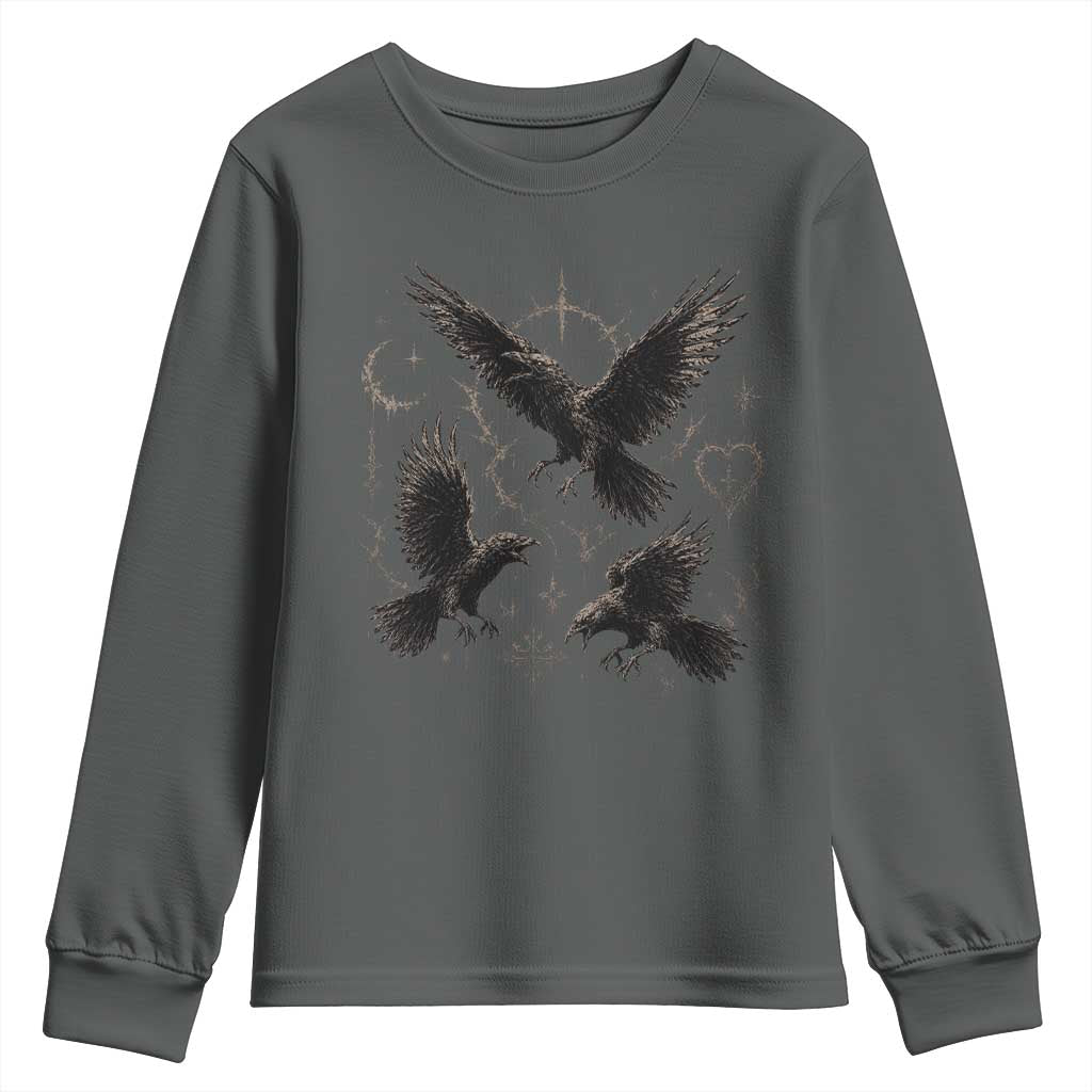Flying Raven Crow Youth Sweatshirt Black Bird Gothic Occult Cyber Y2K Dark Academia Ravens Graphic