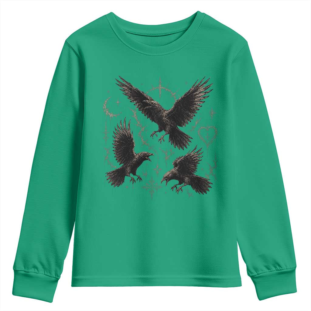 Flying Raven Crow Youth Sweatshirt Black Bird Gothic Occult Cyber Y2K Dark Academia Ravens Graphic