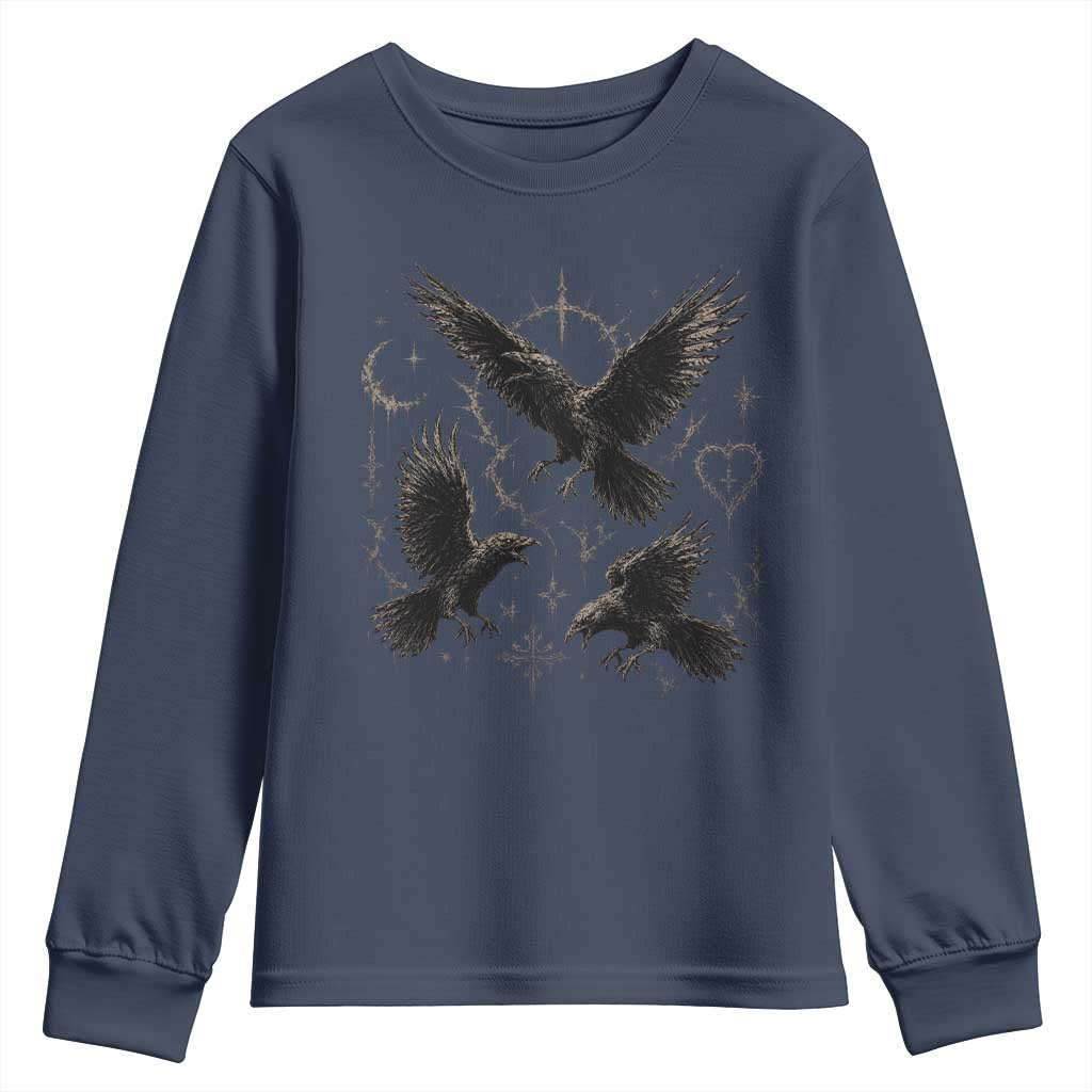 Flying Raven Crow Youth Sweatshirt Black Bird Gothic Occult Cyber Y2K Dark Academia Ravens Graphic