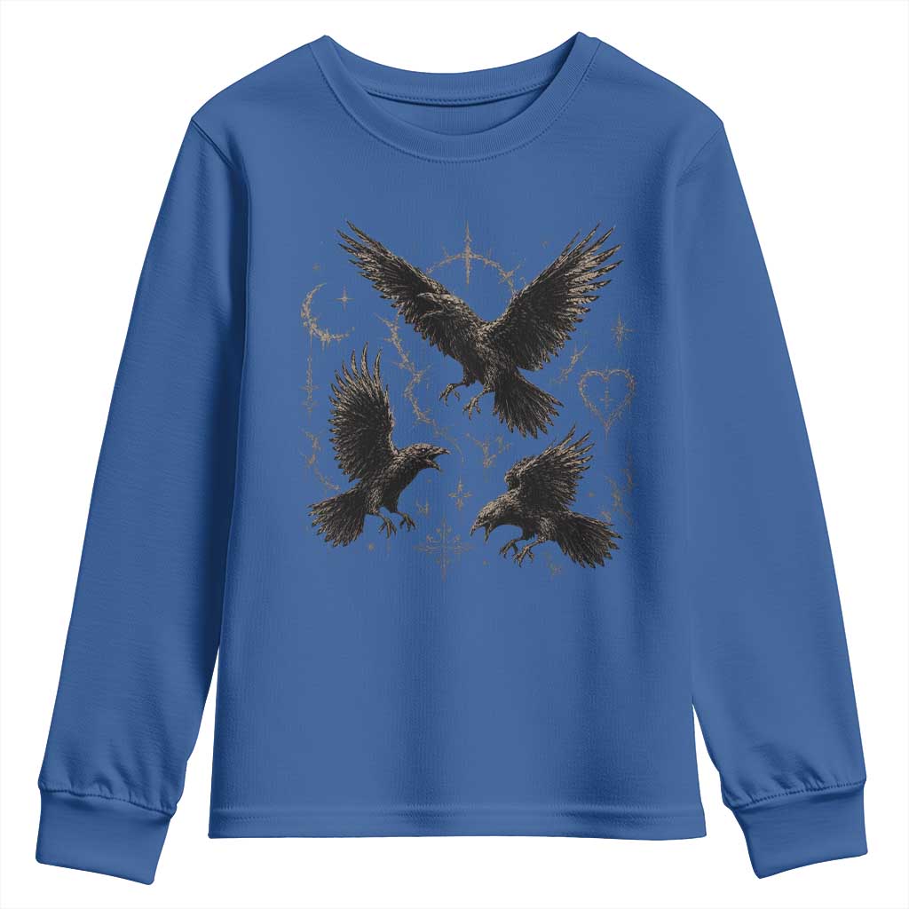 Flying Raven Crow Youth Sweatshirt Black Bird Gothic Occult Cyber Y2K Dark Academia Ravens Graphic
