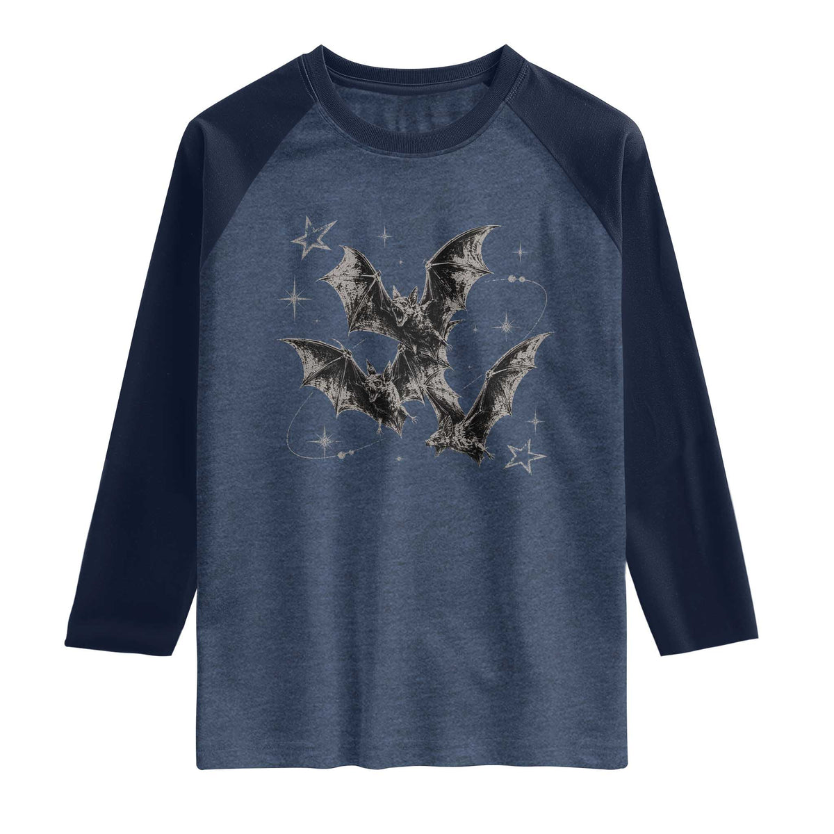 Three Bats Y2k Raglan Shirt Vintage 90s Style Bat Gothic Occult Halloween Bat Graphic