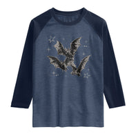 Three Bats Y2k Raglan Shirt Vintage 90s Style Bat Gothic Occult Halloween Bat Graphic