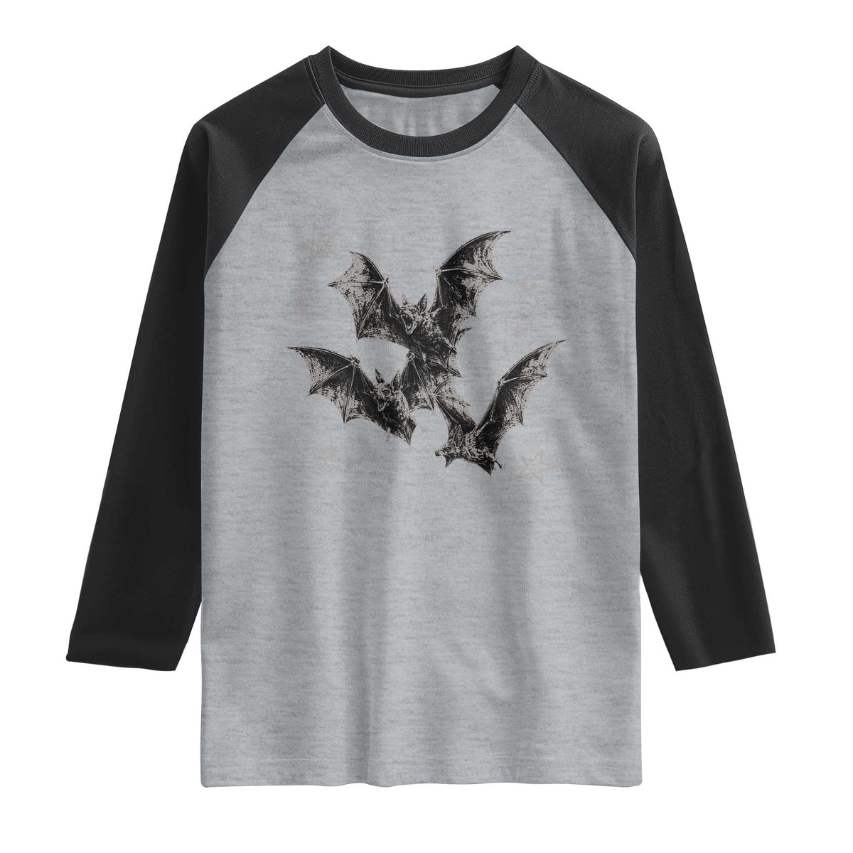 Three Bats Y2k Raglan Shirt Vintage 90s Style Bat Gothic Occult Halloween Bat Graphic