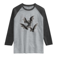 Three Bats Y2k Raglan Shirt Vintage 90s Style Bat Gothic Occult Halloween Bat Graphic