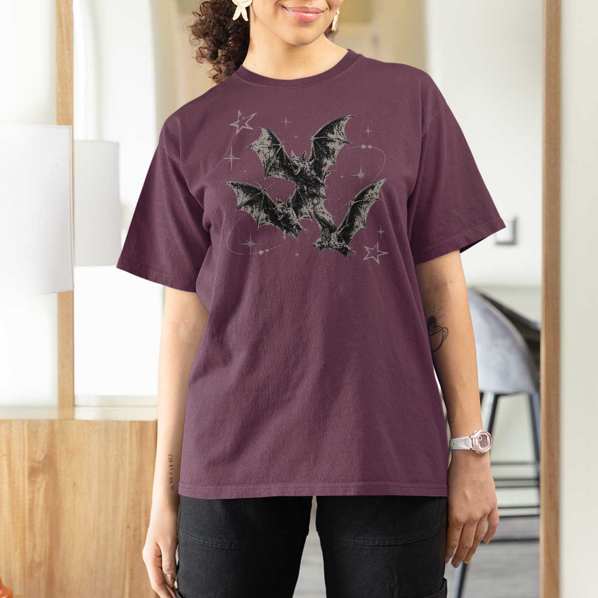 Three Bats Y2k T Shirt For Women Vintage 90s Style Bat Gothic Occult Halloween Bat Graphic