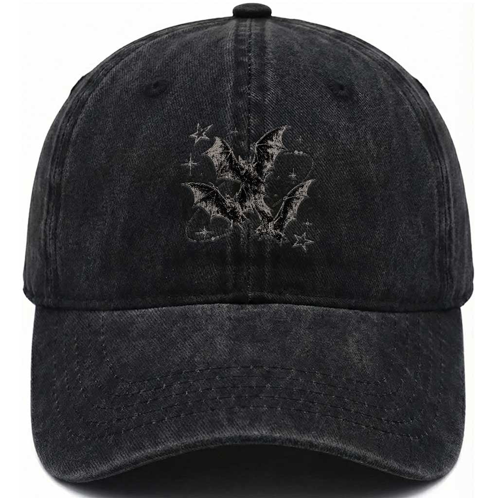 Three Bats Y2k Washed Cotton Baseball Cap Vintage 90s Style Bat Gothic Occult Halloween Bat Graphic