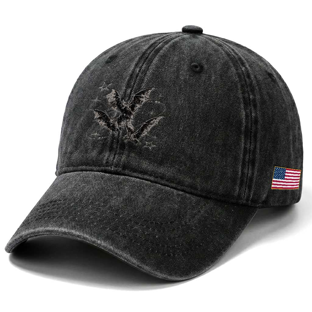 Three Bats Y2k Washed Cotton Baseball Cap Vintage 90s Style Bat Gothic Occult Halloween Bat Graphic