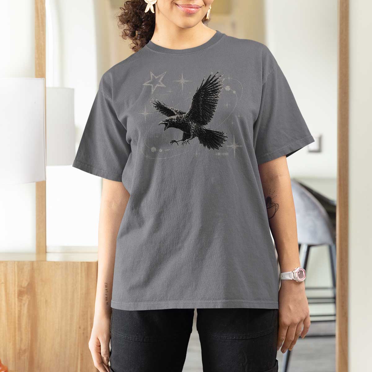 Raven Crow Y2k T Shirt For Women Gothic Cyber Sigilism Occult Dark Academia Black Bird Graphic