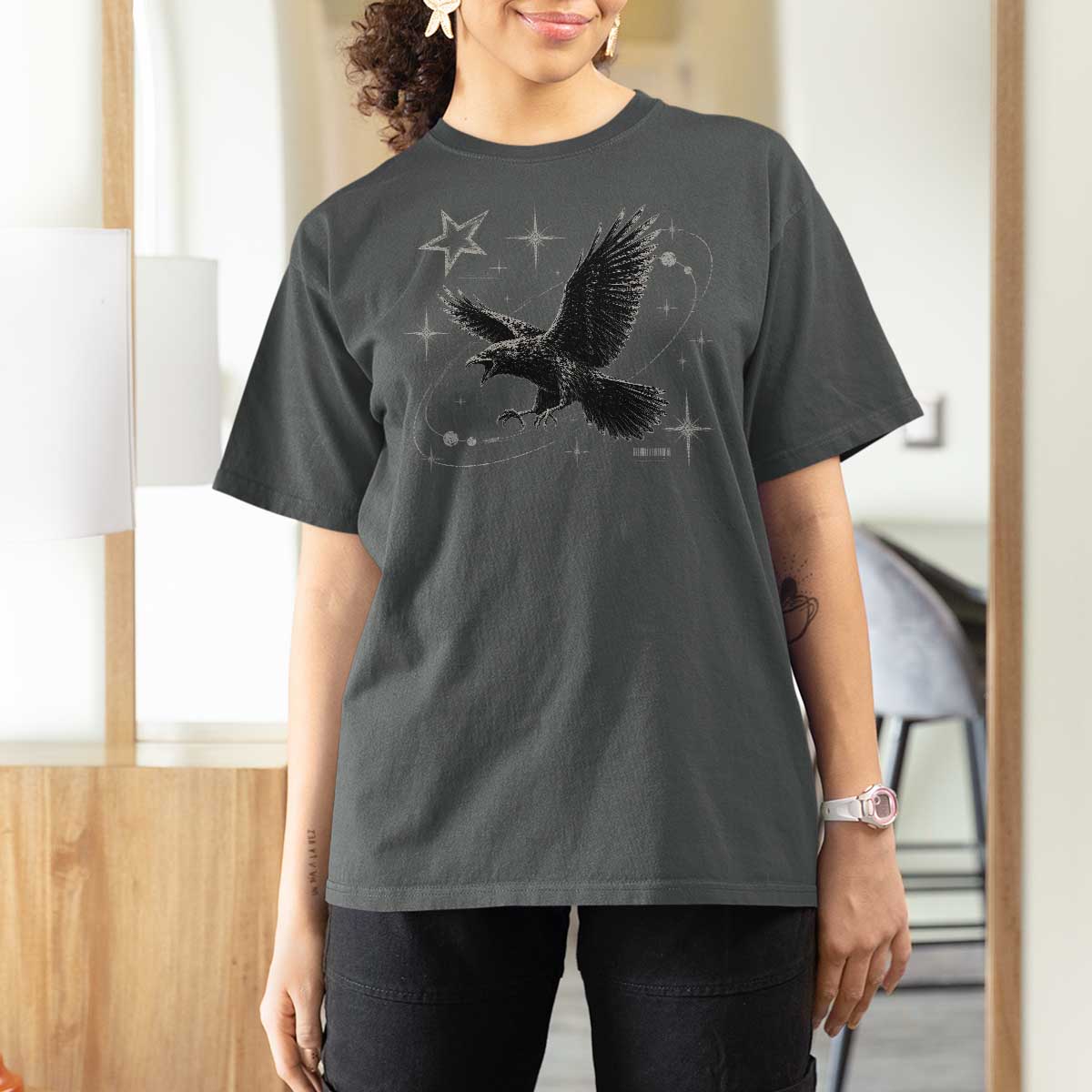 Raven Crow Y2k T Shirt For Women Gothic Cyber Sigilism Occult Dark Academia Black Bird Graphic