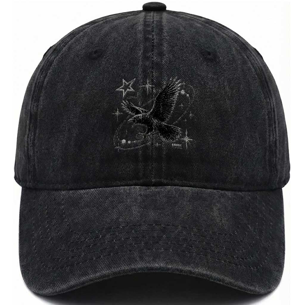 Raven Crow Y2k Washed Cotton Baseball Cap Gothic Cyber Sigilism Occult Dark Academia Black Bird Graphic