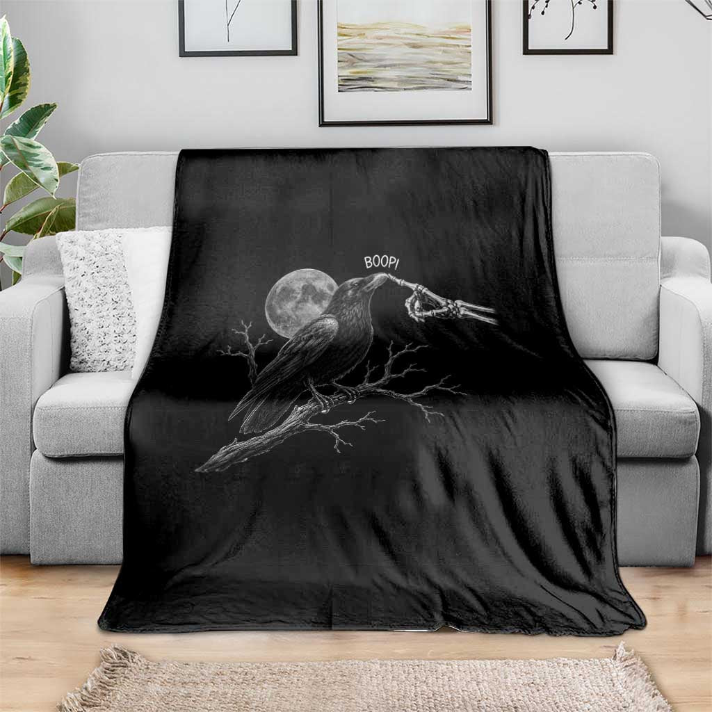Skeleton Hand Boop Raven Throw Blanket Funny Spooky Halloween Crow Moon Graphic