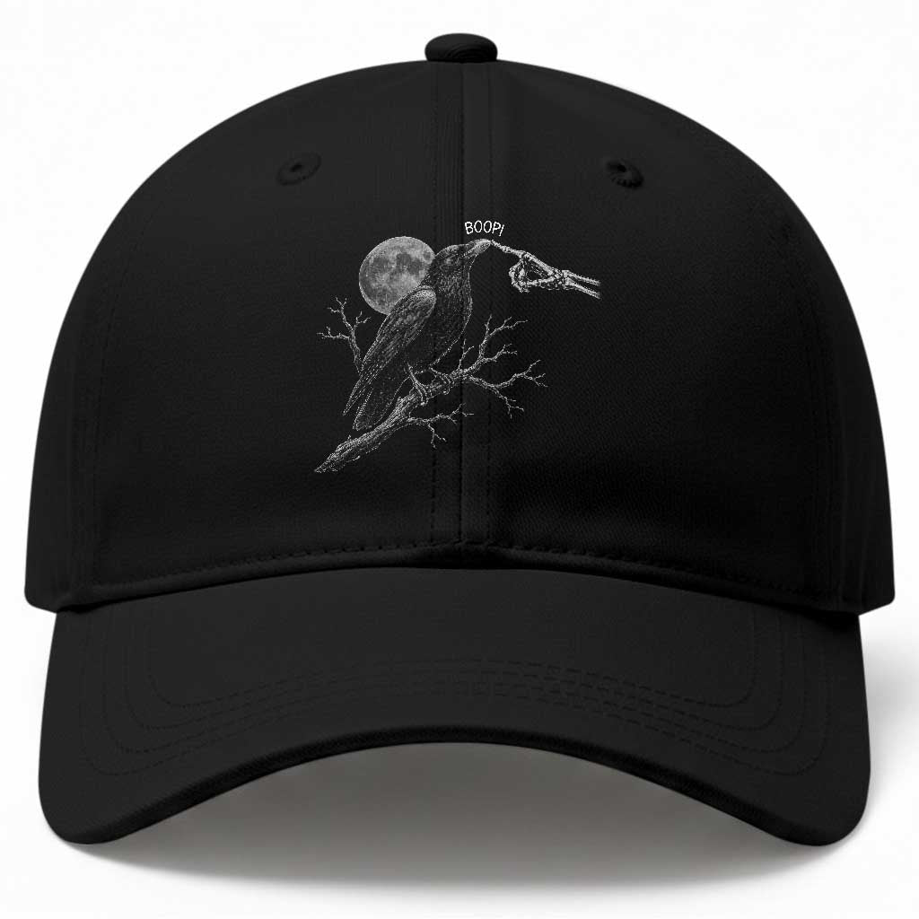Skeleton Hand Boop Raven Baseball Cap Funny Spooky Halloween Crow Moon Graphic