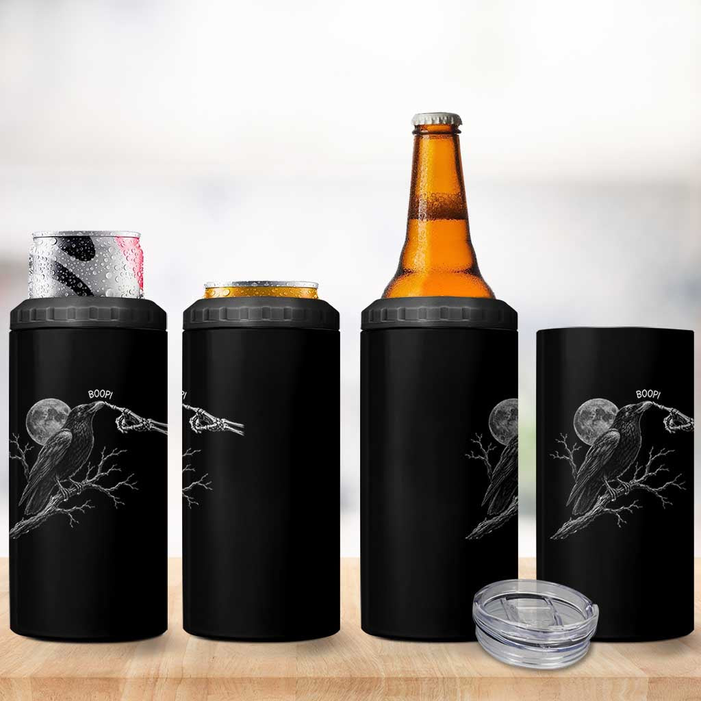 Skeleton Hand Boop Raven 4 in 1 Can Cooler Tumbler Funny Spooky Halloween Crow Moon Graphic