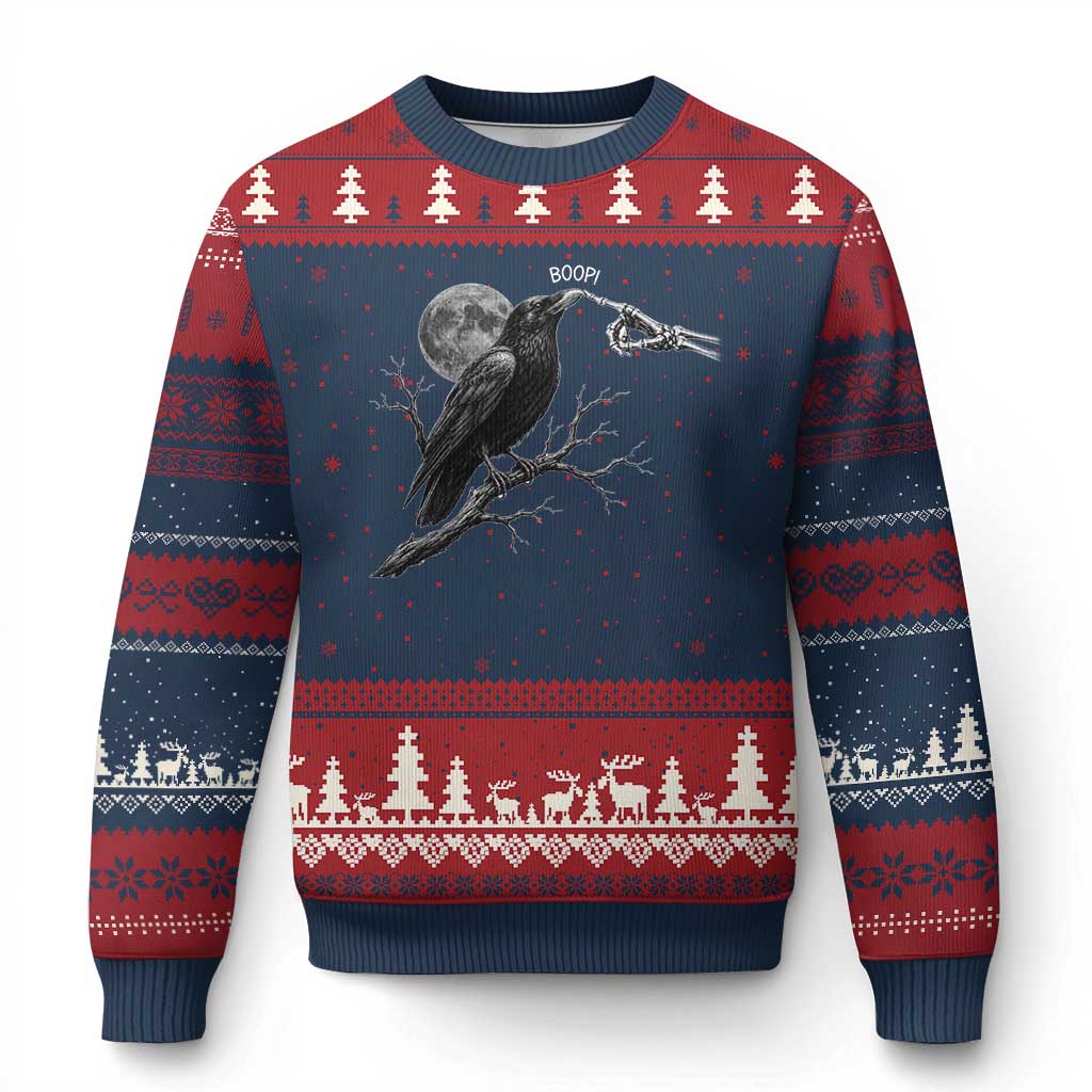 Skeleton Hand Boop Raven Ugly Christmas Sweater Funny Spooky Halloween Crow Moon Graphic