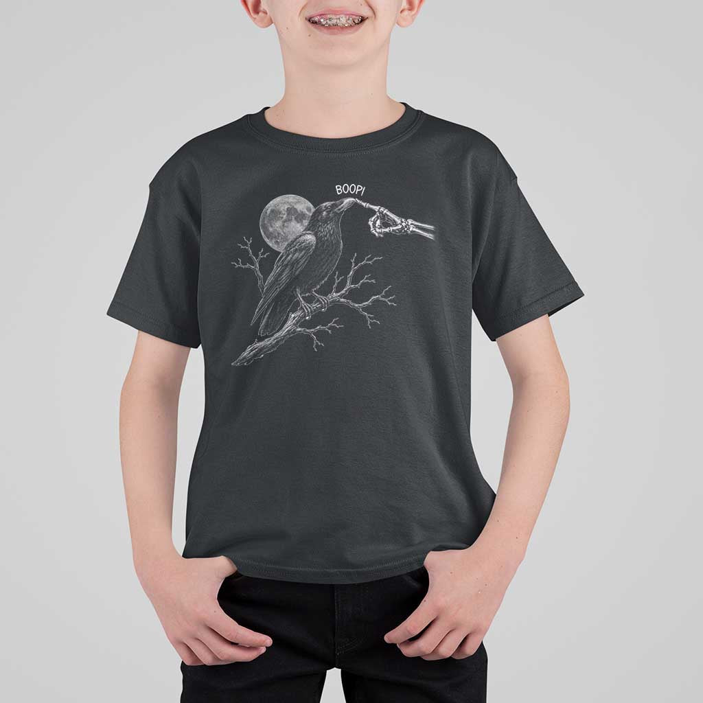 Skeleton Hand Boop Raven T Shirt For Kid Funny Spooky Halloween Crow Moon Graphic