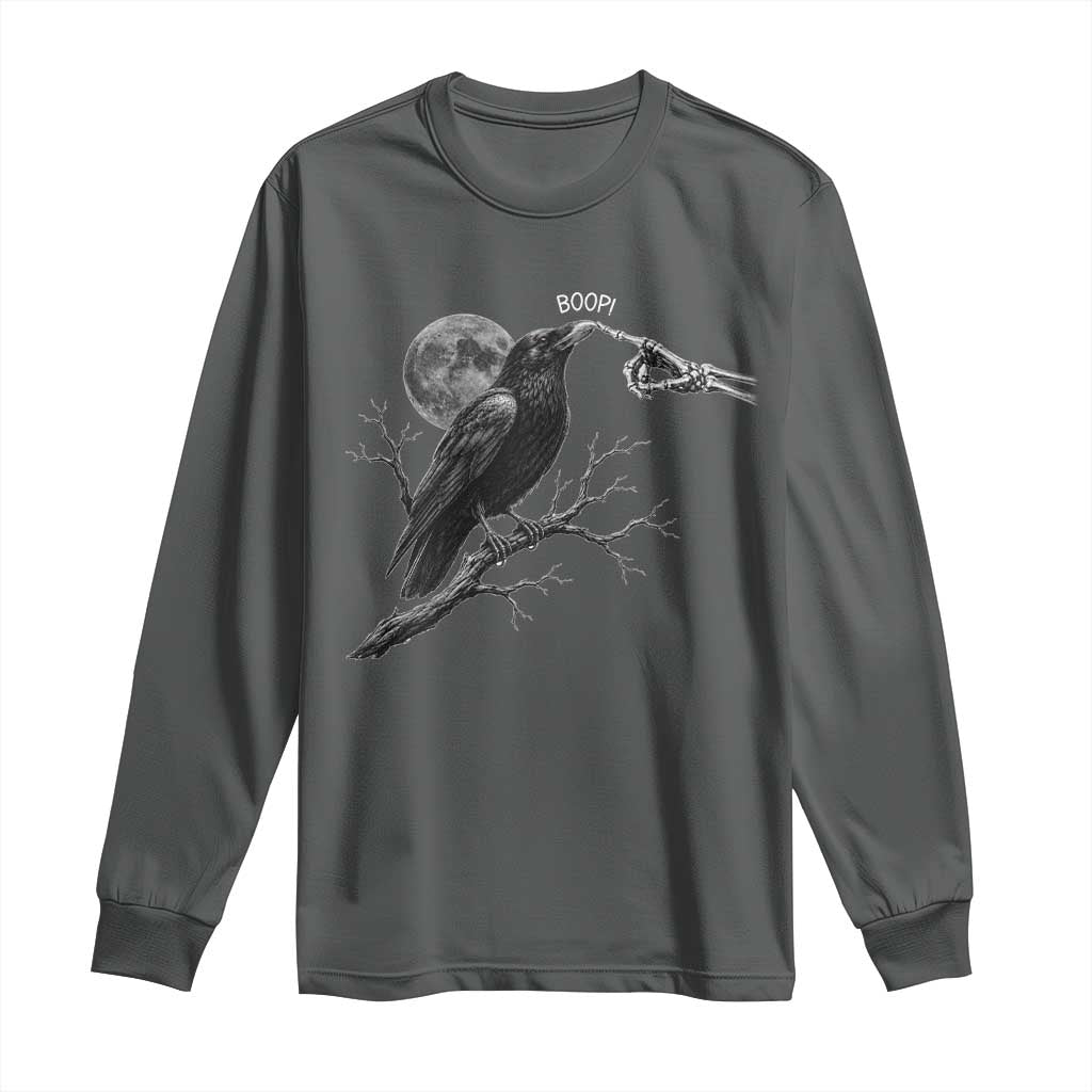 Skeleton Hand Boop Raven Long Sleeve Shirt Funny Spooky Halloween Crow Moon Graphic