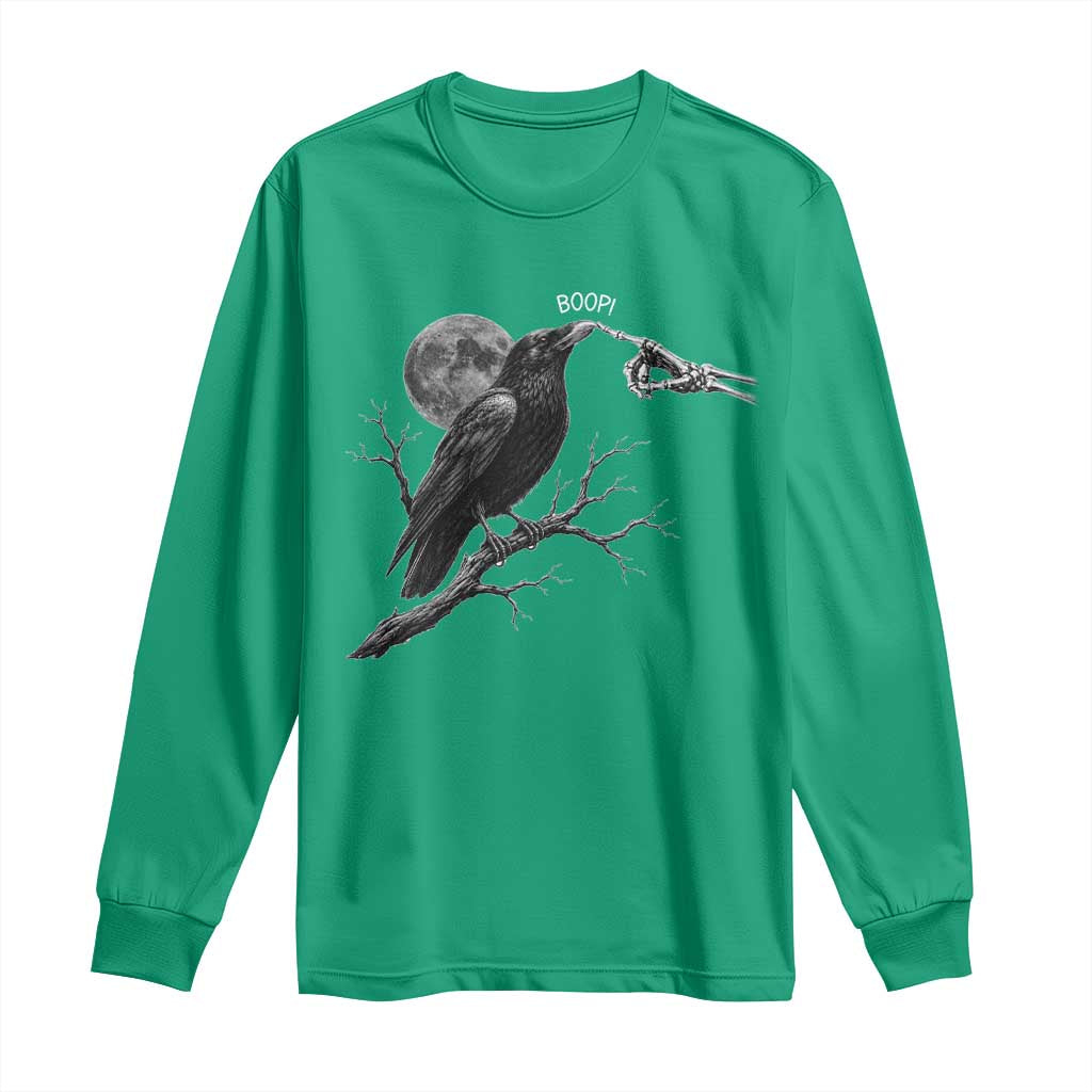 Skeleton Hand Boop Raven Long Sleeve Shirt Funny Spooky Halloween Crow Moon Graphic