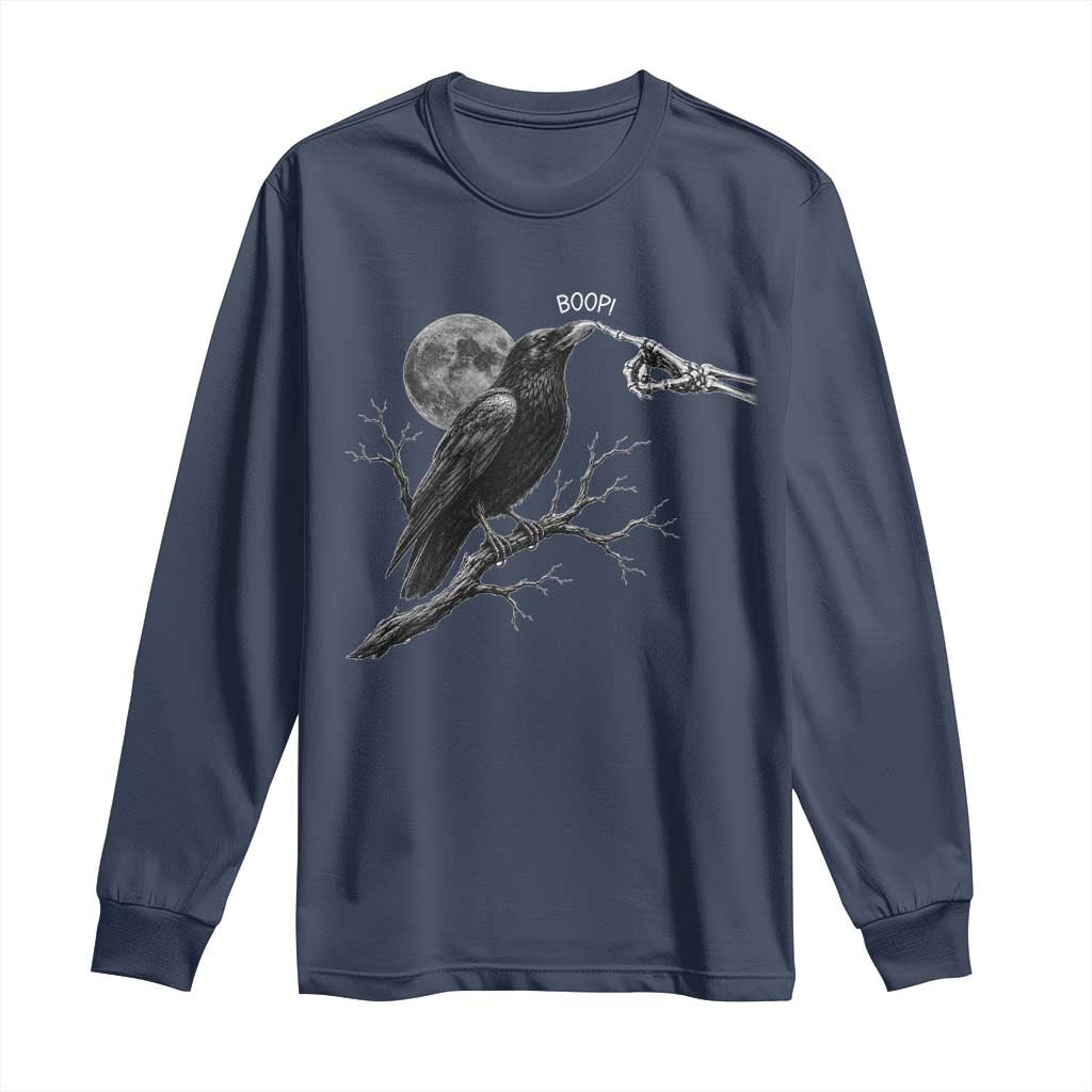 Skeleton Hand Boop Raven Long Sleeve Shirt Funny Spooky Halloween Crow Moon Graphic