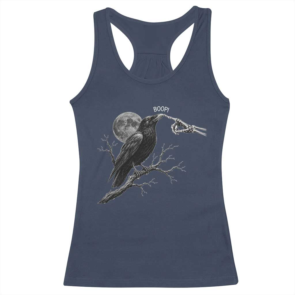 Skeleton Hand Boop Raven Racerback Tank Top Funny Spooky Halloween Crow Moon Graphic