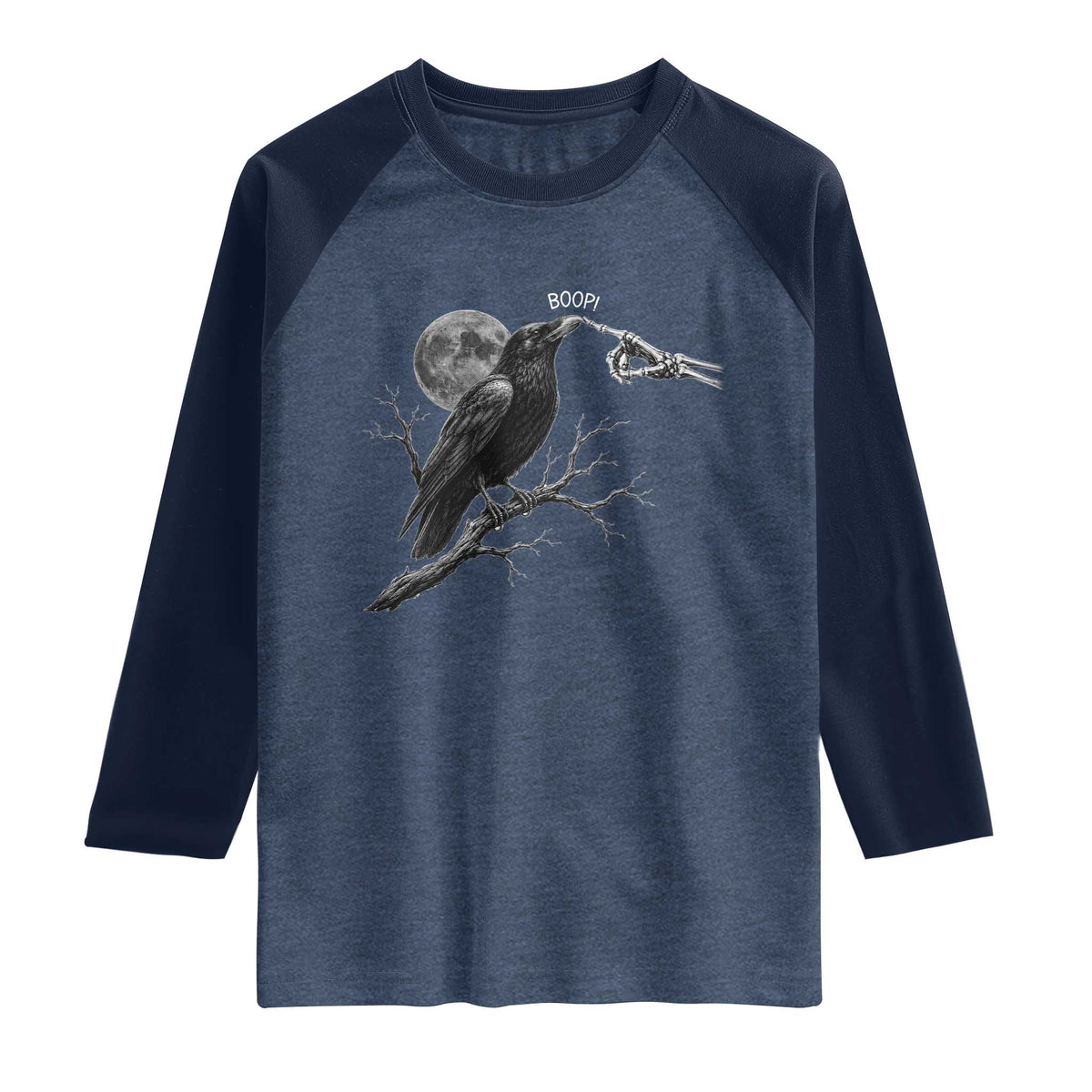 Skeleton Hand Boop Raven Raglan Shirt Funny Spooky Halloween Crow Moon Graphic