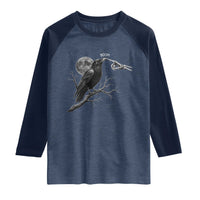 Skeleton Hand Boop Raven Raglan Shirt Funny Spooky Halloween Crow Moon Graphic