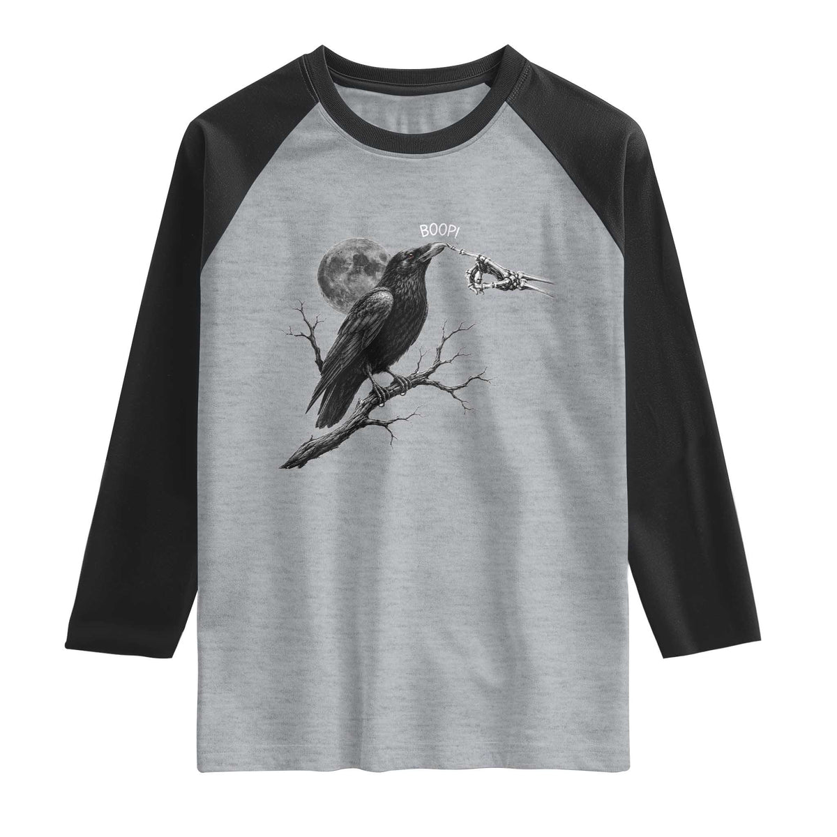 Skeleton Hand Boop Raven Raglan Shirt Funny Spooky Halloween Crow Moon Graphic