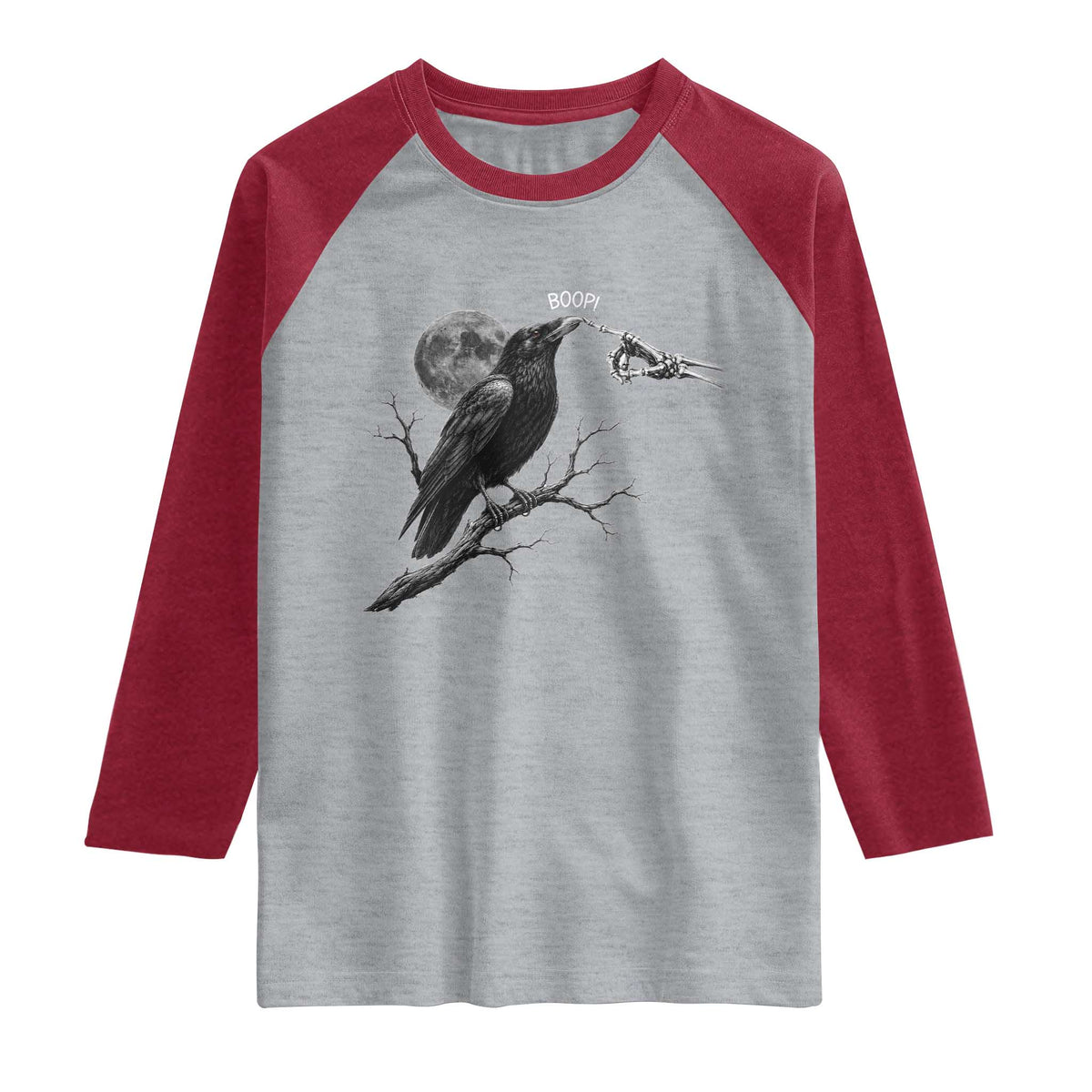 Skeleton Hand Boop Raven Raglan Shirt Funny Spooky Halloween Crow Moon Graphic