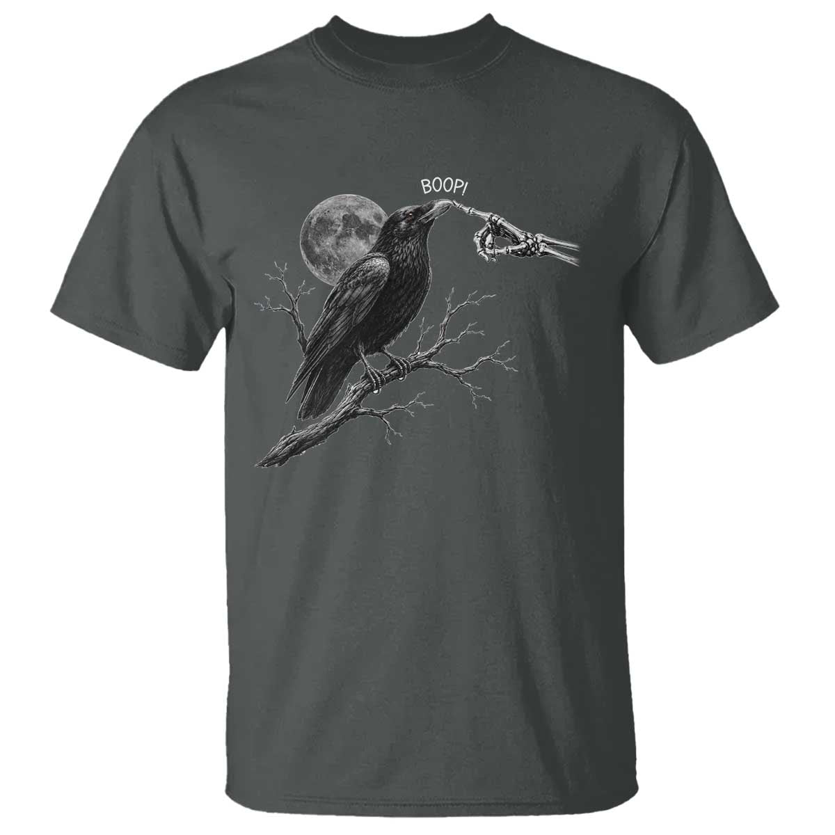 Skeleton Hand Boop Raven T Shirt Funny Spooky Halloween Crow Moon Graphic