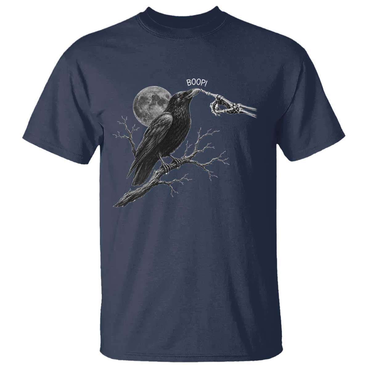 Skeleton Hand Boop Raven T Shirt Funny Spooky Halloween Crow Moon Graphic