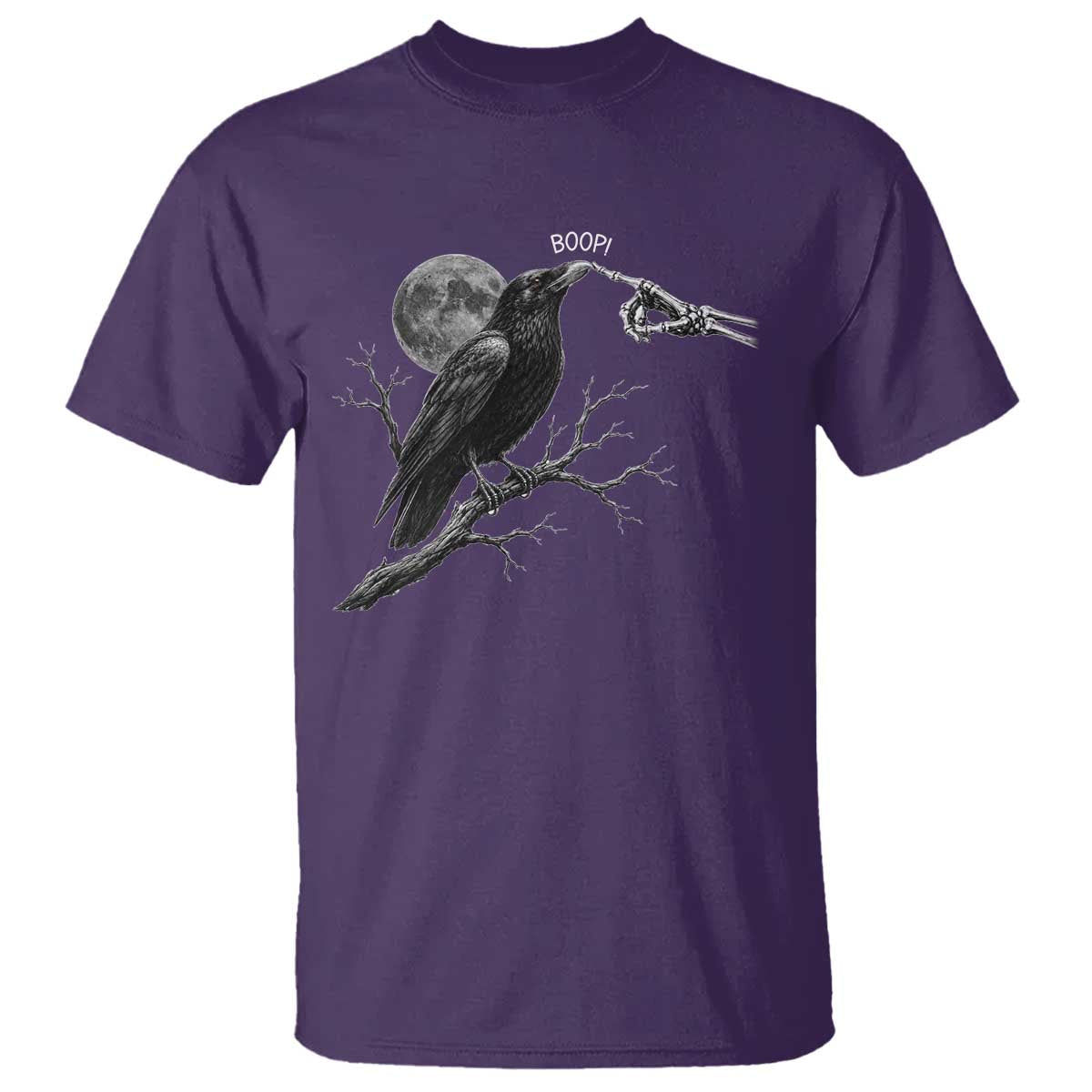 Skeleton Hand Boop Raven T Shirt Funny Spooky Halloween Crow Moon Graphic
