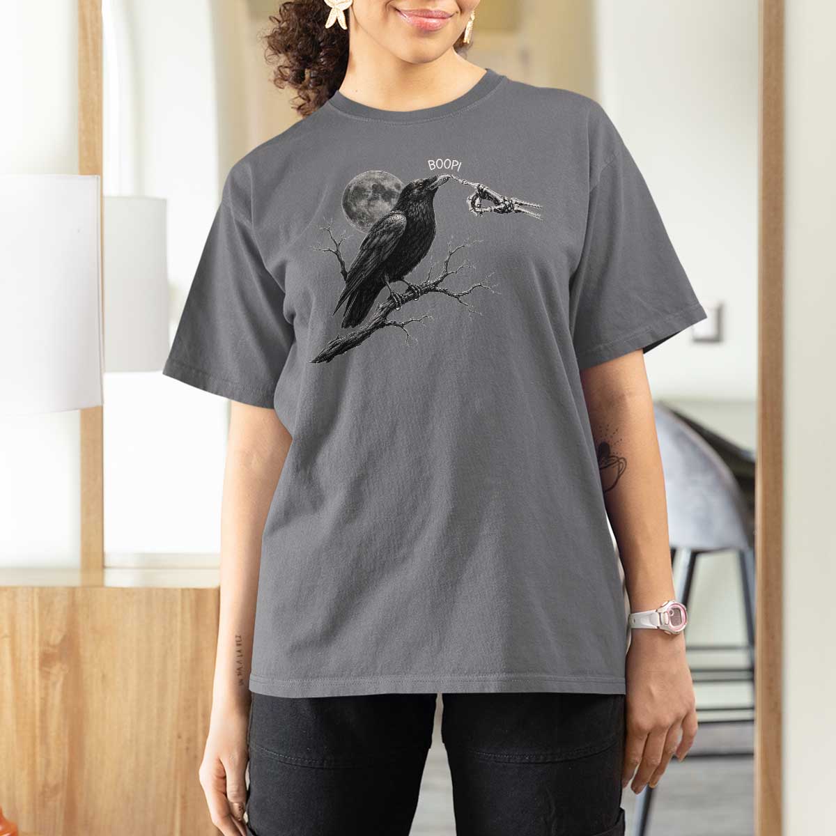 Skeleton Hand Boop Raven T Shirt For Women Funny Spooky Halloween Crow Moon Graphic