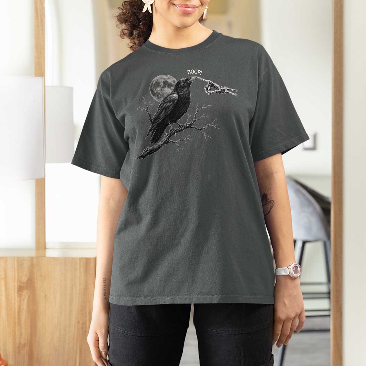 Skeleton Hand Boop Raven T Shirt For Women Funny Spooky Halloween Crow Moon Graphic
