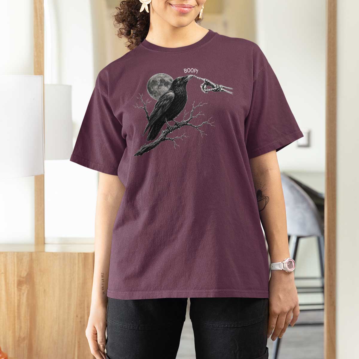 Skeleton Hand Boop Raven T Shirt For Women Funny Spooky Halloween Crow Moon Graphic