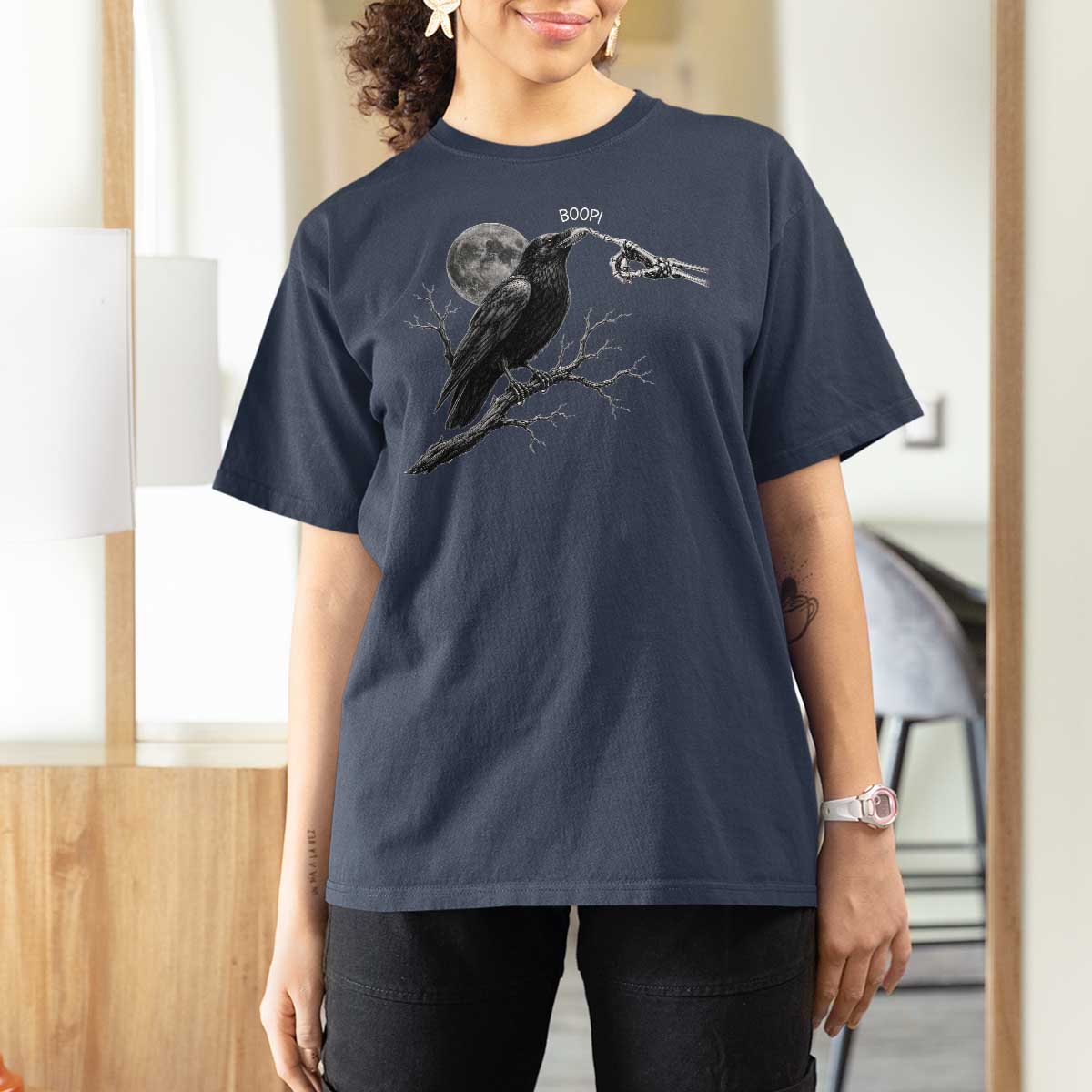 Skeleton Hand Boop Raven T Shirt For Women Funny Spooky Halloween Crow Moon Graphic