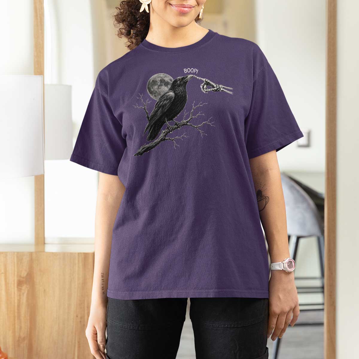 Skeleton Hand Boop Raven T Shirt For Women Funny Spooky Halloween Crow Moon Graphic
